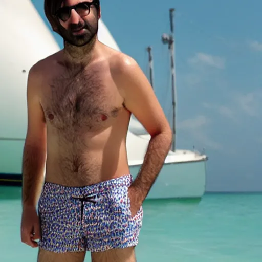 Prompt: jason schwartzman wearing a funny swim short, next to a big yatch, sunny day, very detailed