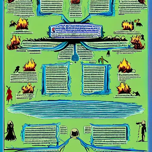 Prompt: infographic, map of the seven levels of hell, epic, tartarus, elysium, hades, marginalia