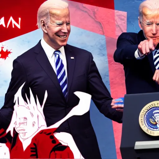 Image similar to presidential anime of Joe Biden receiving the dark power of the Necromantic Force
