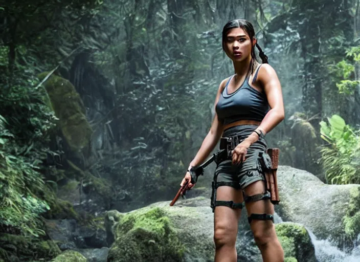 Image similar to film still of!!!! amber midthunder!!! as lara croft in new tomb raider movie, 8 k