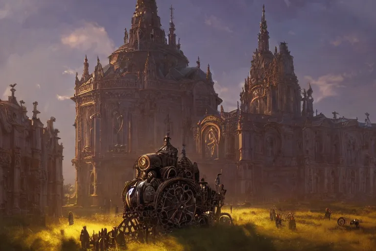 Image similar to an ornate baroque church with chain wheels, mortal engines, scene in an open field. key visual, conceptart, ambient lighting, highly detailed, digital painting, artstation, concept art, sharp focus, by makoto shinkai and akihiko yoshida and greg manchess
