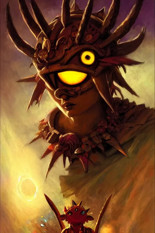 Image similar to majora's mask as a magic the gathering card portrait dnd, painting by gaston bussiere, craig mullins, greg rutkowski, yoji shinkawa