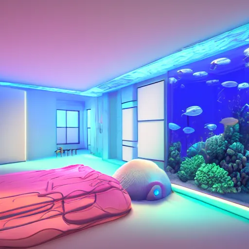 Prompt: photo of the modern room as aquarium with a big jellyfish and corals, realistic colors, realistic shadows, daylight made in blender, 3 d by beeple and damian hirst