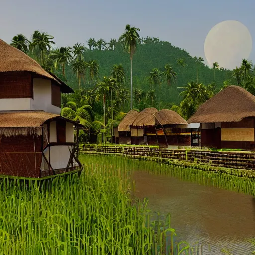 Prompt: a hyper detailed village in kerala with thatched houses, mosque, temple, paddy field, mountains as backdrop, moonlight, ultrarealistic, cinematic, unreal engine