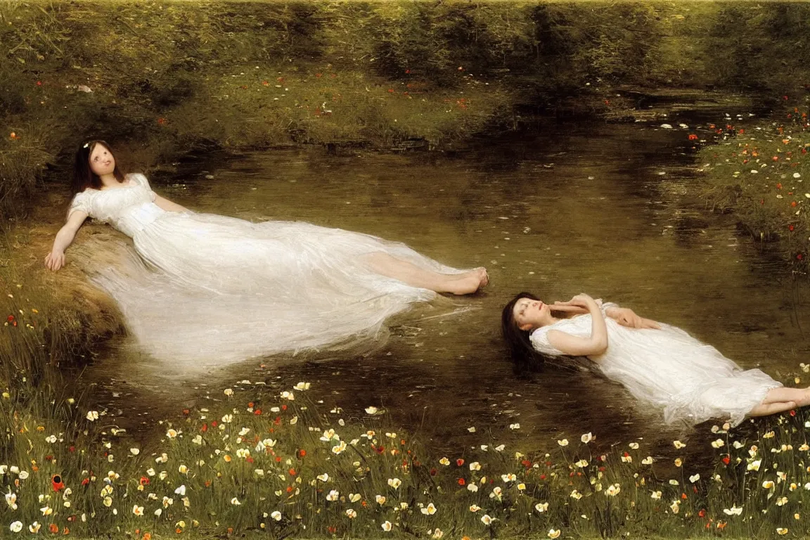 Prompt: Beautiful woman lying horizontal in a dark water stream. Flowers in hand. White dress, light dark long hair. Apathetic, pale. Poppies, daisies, pansies. Most accurate and elaborate studies of nature ever made. The background Hogsmill river in Surrey, rich Forest, dark, wood, bushes. Naturalistic. Painting by John Everett Millais.