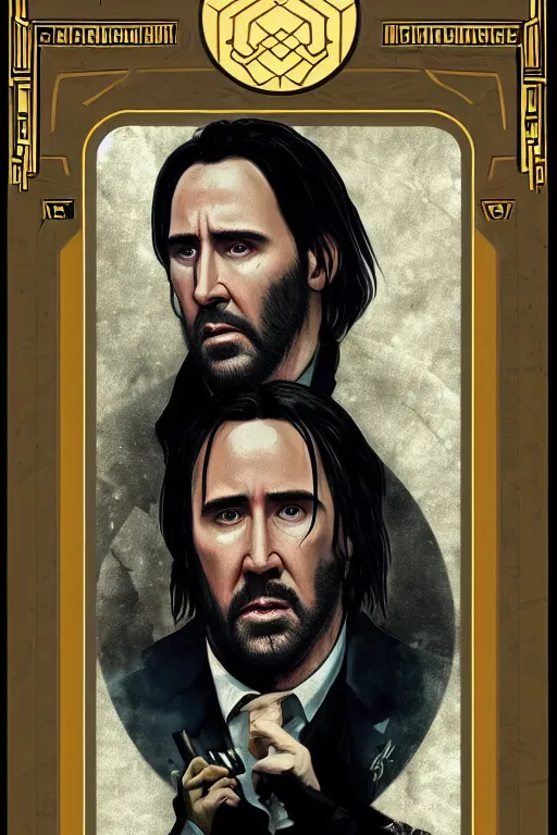 Image similar to a dramatic ethereal epic painting of nicolas cage as john wick | tarot card, art deco, art nouveau, realistic | detailed face, cinematic lighting | by Dresden Codak, by Mark Maggiori and Alphonse Mucha | trending on artstation