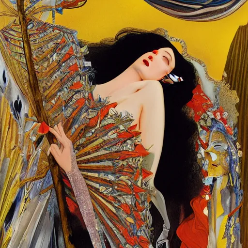 Image similar to a oil painting painting of a portrait of a queen of ecstasy, an art deco painting by Patrick Nagel, by Georgia O Keeffe, by Yoshitaka Amano, by Gustave Moreau, art deco, matte drawing, storybook illustration, tonalism, realism