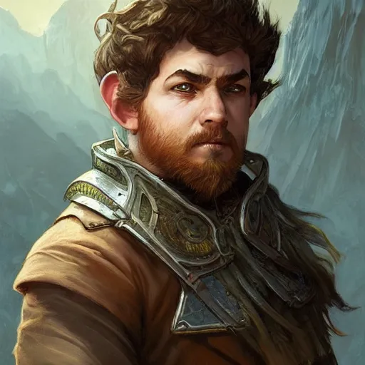 Image similar to portrait of fin wildcloak, shifty - eyed untrusting paranoid halfling male rogue adventurer, fantasy, highly detailed, digital painting, sharp focus, illustration, art by artgerm, greg rutkowski, and alphonse mucha