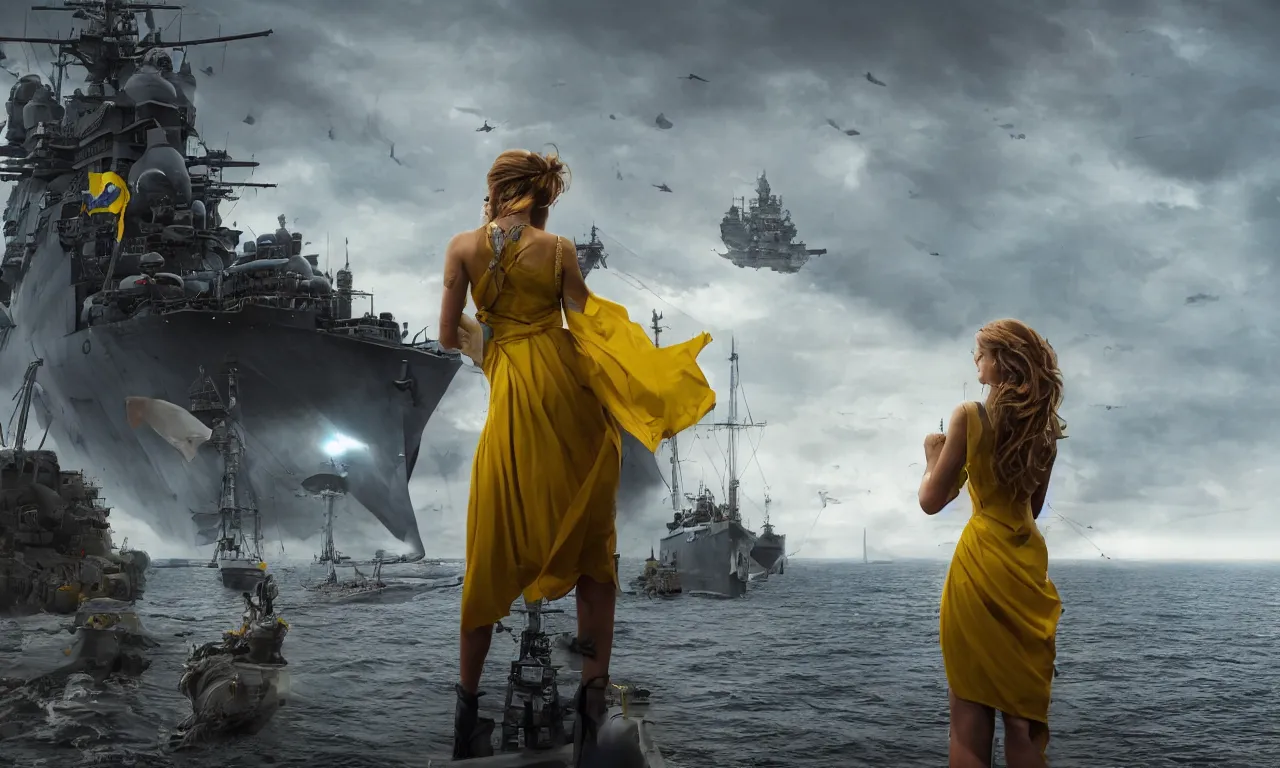 Image similar to cinematic shot from behind of a beautiful girl in national blue and yellow dress with beautiful hair standing against and facing a huge realistic detailed Russian warship on the horizon. She is ready to fight. Ukrainian flag on the left side, concept art, сinematic lighting, insanely detailed, smooth, sharp focus, Artstation, 8k, unreal engine, hyper realistic, steampunk style, bright background, moonlight, volumetric lighting, wallpaper, digital illustration by Ruan Jia and Mandy Jurgens and Artgerm and Wayne Barlowe and Greg Rutkowski and Zdislav Beksinski