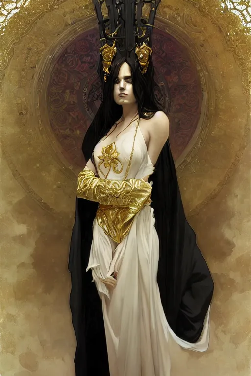 Prompt: Portrait of a Holy Necromancer, female, beautiful, golden robes, white pants, exquisite black accessories, golden corset, highly detailed, smooth, sharp focus, digital painting, illustration, fantasy, by Krenz Cushart and Artem Demura and alphonse mucha