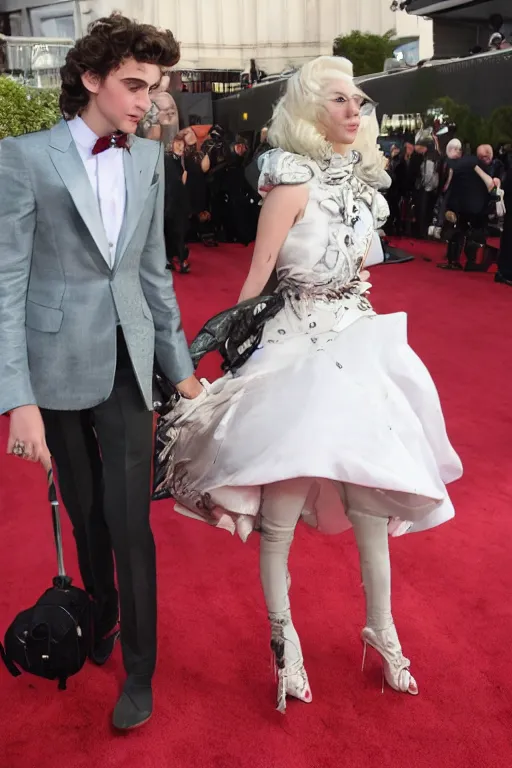 Image similar to timothee chalamet and lady gaga holding hands on the red carpet, beautiful detailed faces, canon eos