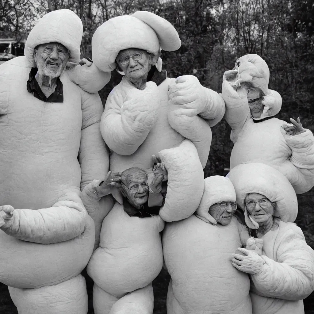 Image similar to a martin parr photo of a grandpa couple, wearing michelin man costumes