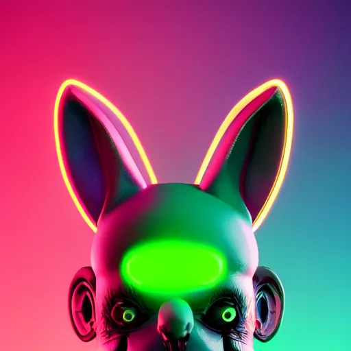 Image similar to synthwave demonic rabbit toy face with neon horns, detailed face, sharp focus, synthwave art, aesthetic, octane render, raw, cinematic