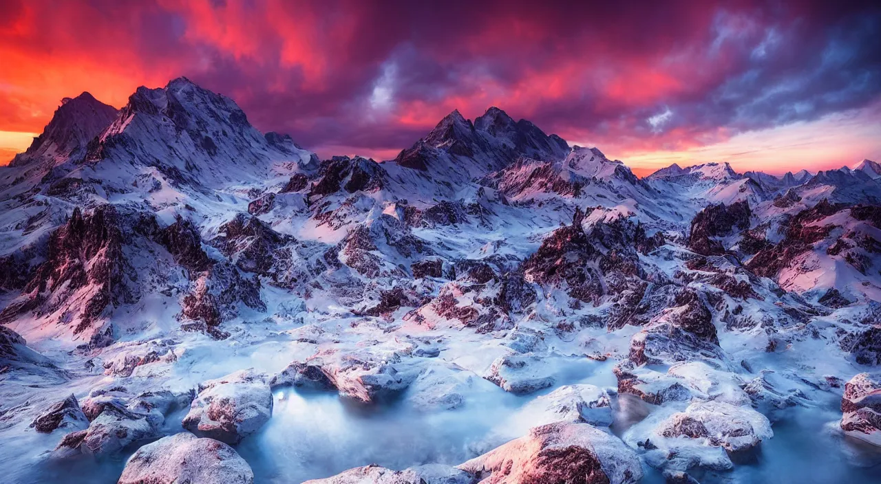 Image similar to amazing landscape photo of mountains with lake in sunset by marc adamus, beautiful dramatic lighting