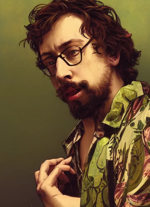 Prompt: Sam Hyde wearing luxuruous hawaiian vintage shirt, rule of thirds, accurately portrayed, portrait art by alphonse mucha and greg rutkowski, highly detailed, digital painting, concept art, illustration, ethereal lighting with twilight rays of sunlight, trending on artstation, very detailed, smooth, sharp focus, octane render, close up