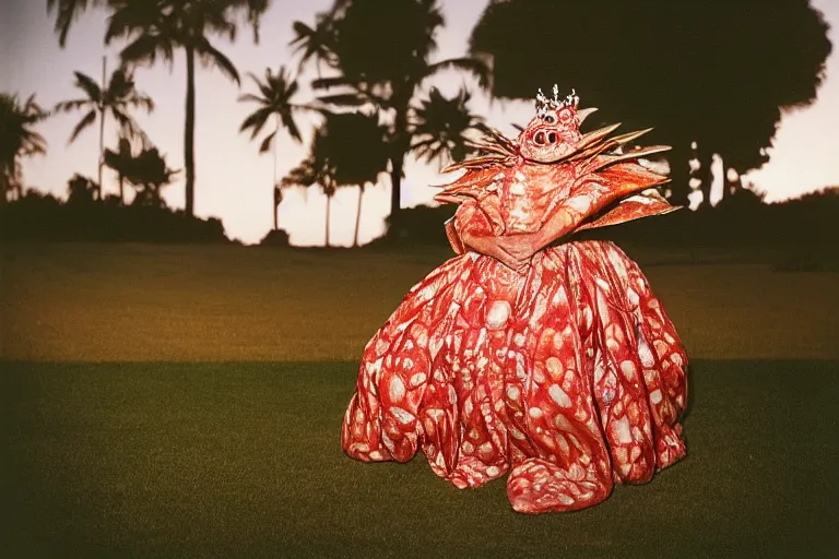 Prompt: the queen of england dressed like a crab, in 1 9 8 5, sunset view, royalcore, low - light photograph, photography by tyler mitchell