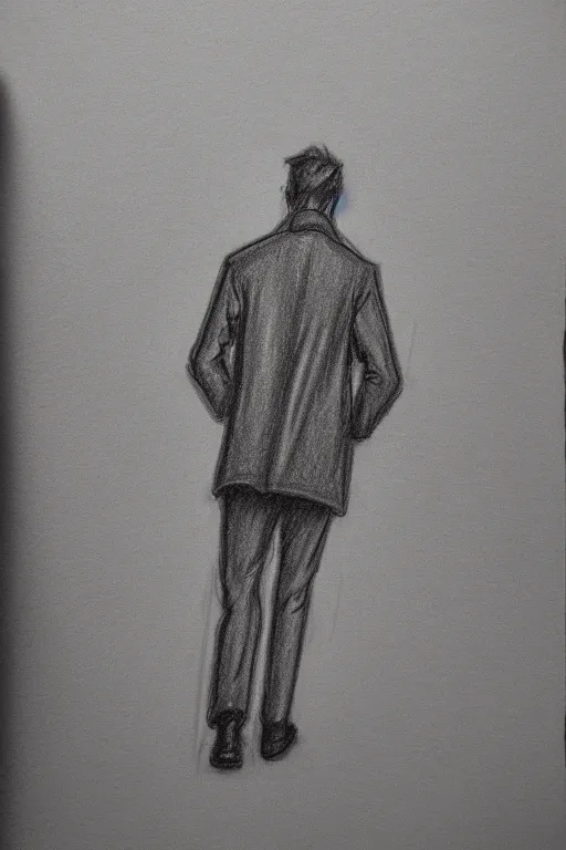 Image similar to a drawn man standing in the rain in a jacket. pencil sketch.