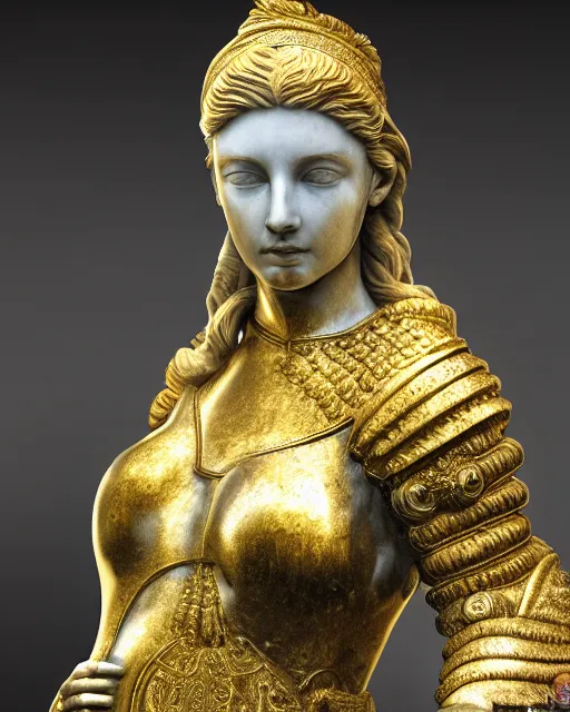 Image similar to marble statue portrait of woman in shining golden armor, high production value, intricate details, high resolution, hdr, high definition, masterpiece, realistic, ultrarealistic, highly detailed, hd, sharp focus, non blurry, sharp, smooth