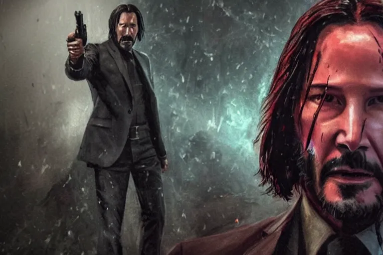 Prompt: keanu reeves as john wick, doom eternal concept art, killing demons, cinematic