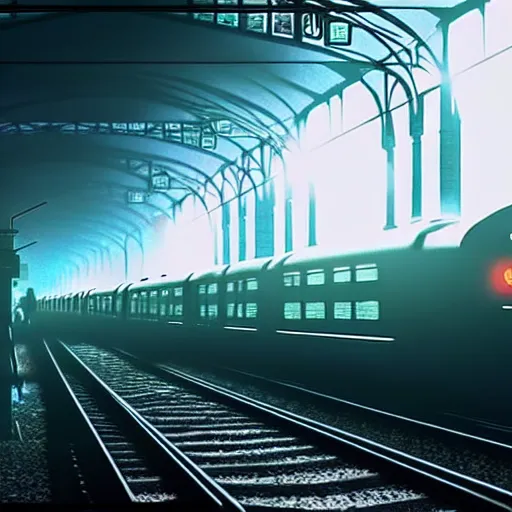 Image similar to :: Train to Hogwarts :: cyberpunk style :: Makoto Shinkai cyberpunk style :: Cinematography by Zack Snyder ::8k resolution :: cinematic shot :: epic :: awe :: masterpiece