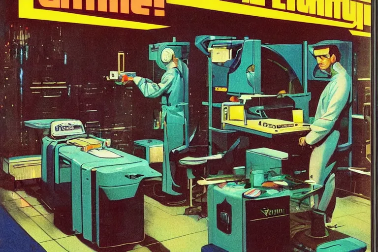 Image similar to 1979 OMNI Magazine Cover of a denture lab. in cyberpunk style by Vincent Di Fate