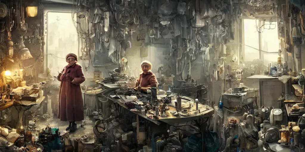 Image similar to an environmental concept art of an elderly russian woman cyberneticist in a cluttered workshop, surgical implements, surgery table, highly detailed, cinematic, dramatic, cyberpunk, dieselpunk, scifi space station, horror, bladerunner 2 0 4 9