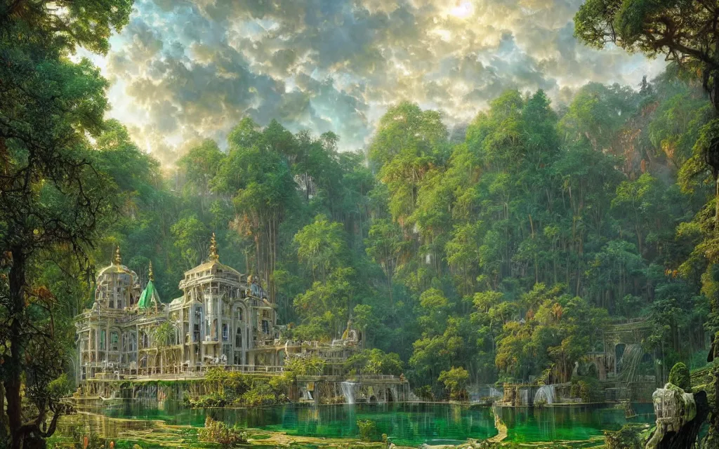 Image similar to a detailed oil painting of an intricate, ornate palace made of green, polished semiprecious malachite marble and jade, hyper detailed, hd, artstation, beautiful sunrise lighting, forest setting, by john williams waterhouse, thomas kincade, michael whelan and donato giancola