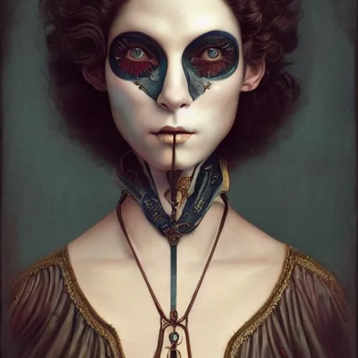 Prompt: tom bagshaw, soft painting of a curiosities carnival steampunk, blessing, porcelain beautiful young tight mask in tight top bottom dress, perfectly detailed, symmetrical accurate intricate sensual features, highly detailed, artstation, sharp focus