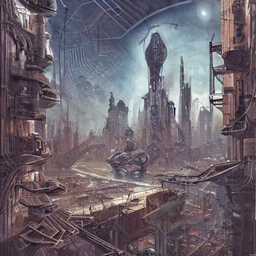 Prompt: annibale siconolfi, valerio arcesi, randie de la cruz, inward 3 d art dystopian future cityscape, intricate detailed futurism futuristic cybernetic neo - landscape, hyperrealism hyperdetailed, art nouveau architecture gothic, infinity inception style, 8 k