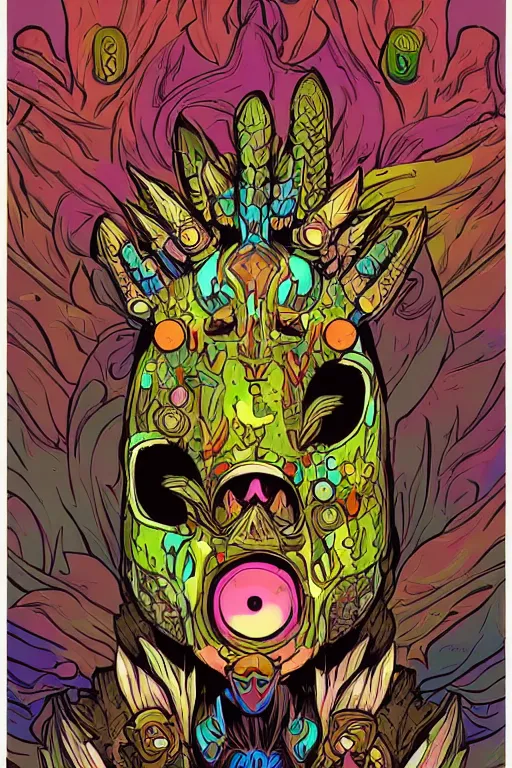 Image similar to animal mask totem roots flower tribal feather gemstone plant wood rock shaman vodoo video game vector cutout illustration vivid multicolor borderlands comics by josan gonzales and dan mumford radiating a glowing aura