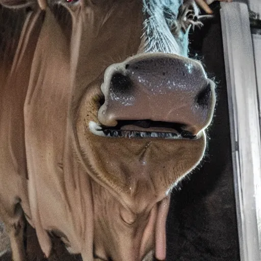 Prompt: ultra - realistic close - up of creepy cow at night, fish - eye - lense, disturbing horror photo, doorbell camera footage