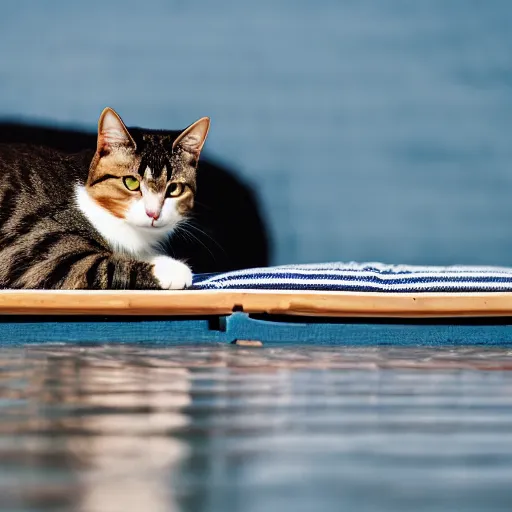 Image similar to a cat laying on an extremely tiny bed in the middle of the ocean, canon eos r 3, f / 1. 4, iso 2 0 0, 1 / 1 6 0 s, 8 k, raw, unedited, symmetrical balance, in - frame