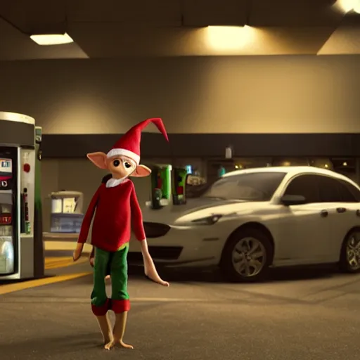 Image similar to dobby the elf robbing a gas station, volumetric lighting, octane render, 4 k resolution,