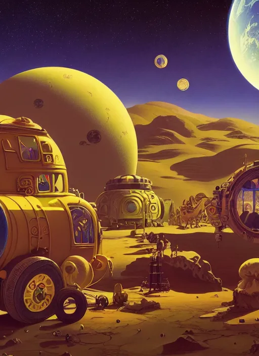Image similar to gypsy caravan by paolo eleuteri serpieri and tomer hanuka and chesley bonestell and daniel merriam and tomokazu matsuyama, unreal engine, high resolution render, featured on artstation, octane, 8 k, highly intricate details, vivid colors, planets, moon, stars