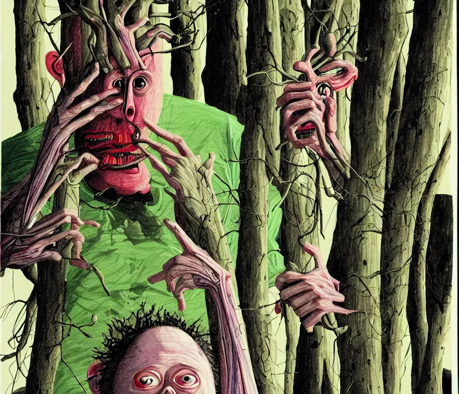 Image similar to todd solondz eating himself to death and becoming a tree | vivid colors : storyboard, realistic. by gabriel hardman, joe alves, j. todd anderson, chris bonura and jenny saville and francis bacon. cinematic atmosphere, detailed and intricate, perfect anatomy