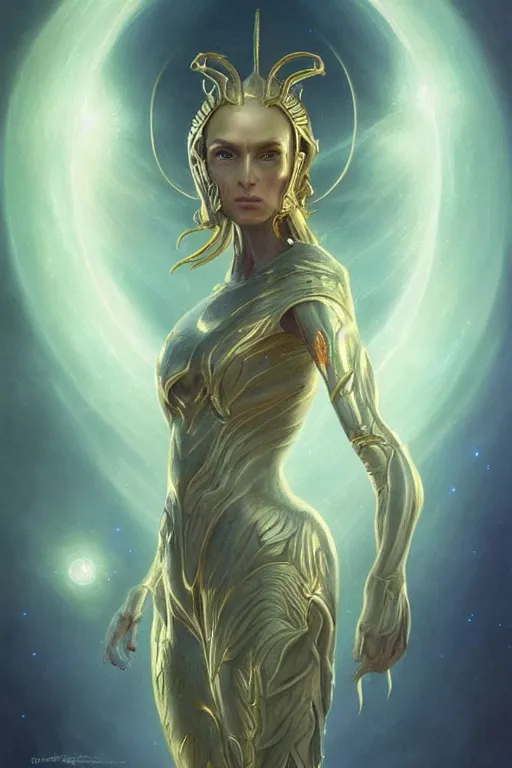 Image similar to a subtle lighting photo of an ancient powerful psychic alien queen, light colors, bright, sunbeams, eloquent, fancy, lovely, beautiful lighting, golden ratio, artgerm, tom bagshaw, gerald brom, detailed, small details, intricate, sci fi, scifi, magic, magical aesthetic,