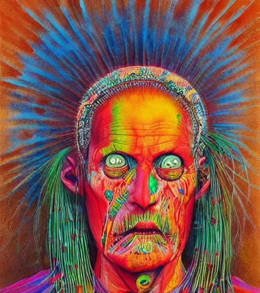 Prompt: Portrait painting in a style of Beksinski mixed with Alex Grey of an old shaman dressed in a colorful traditional clothes. Very psychodelic