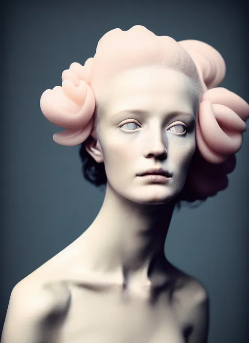 Prompt: portrait photography of a beautiful woman britt marling style 3/4 by Paolo Roversi, the upper face is morphing with clouds, natural color skin, complex 3d render ultra detailed of a beautiful porcelain profile woman, bust with a beautiful neck, flesh, anatomical full body , flesh highly baroque ornate, hair are soft pink clouds, analog, 150 mm lens, beautiful natural outdoor soft light, soft blur outdoor background, elegant, hyper realistic, ultra detailed, octane render, volumetric lighting, 8k post production