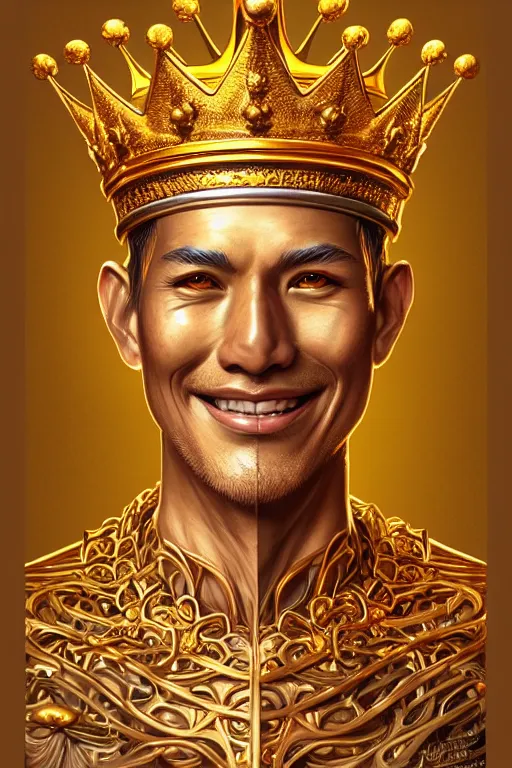 Image similar to digital art, centered full body of an smiling king, golden crown, ,intricate, veins, by James Jean and by artgerm , ultradetailed, charachter design, concept art, trending on artstation,