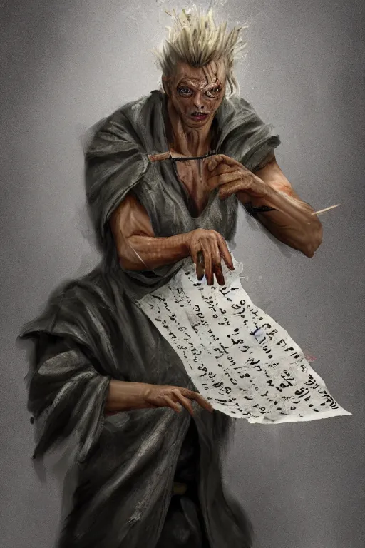 Image similar to A deranged tiny filthy man wearing long dark damaged ripped robes showing a magic paper scroll, camera looking down upon, long fingernails, unclipped fingernails, sharp fingernails, focus on face, sharp focus, digital painting, trending on artstation, concept art, fantasy, medieval