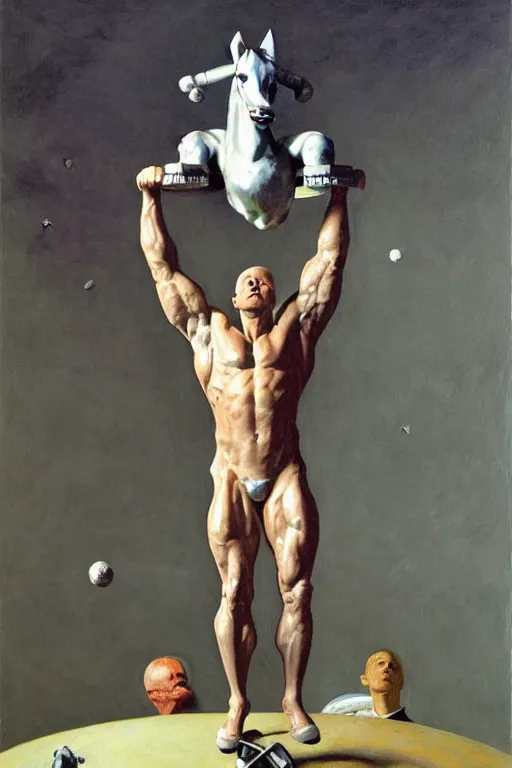 Image similar to bodybuilder in an astronaut helmet lifts a statue of a horse, highly detailed painting by francis bacon, edward hopper, adrian ghenie, gerhard richter, and james jean soft light 4 k,