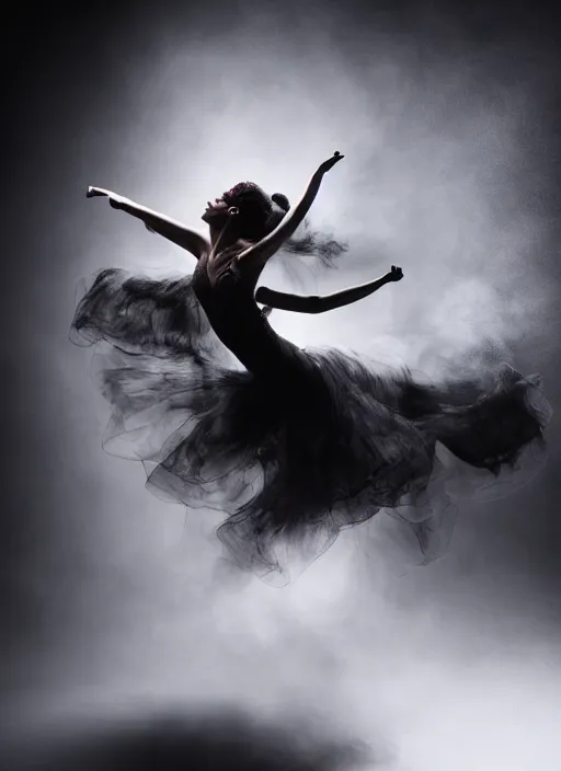 Image similar to a Photorealistic dramatic hyperrealistic render of a glamorous beautiful Female smoke dancer by Ken Brower and Deborah Ory of NYC Dance project,Lois Greenfield,Flowing cloth and smoke,Beautiful dynamic dramatic dark moody lighting,volumetric,shadows,cinematic atmosphere,Octane render,8K