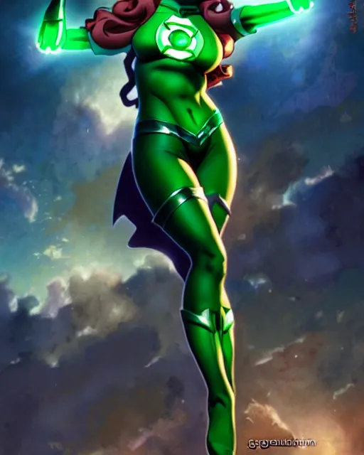 Image similar to pinup photo of female green lantern from justice league in the crowded square of the city, asuna by a - 1 pictures, by by greg rutkowski, artgerm, gil elvgren, enoch bolles, glossy skin, pearlescent, anime, very coherent, sao style anime, flat