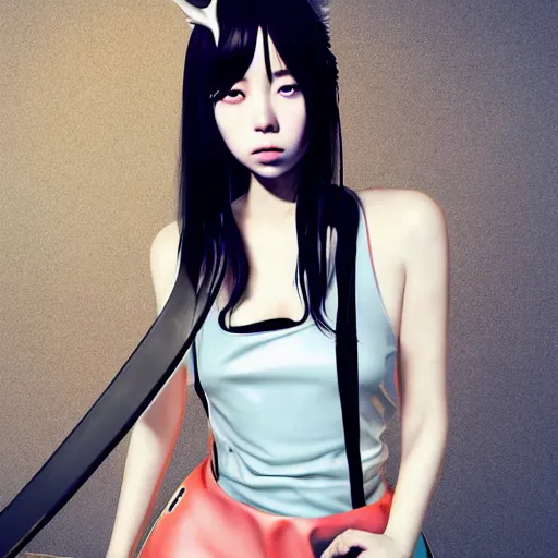 Image similar to a beautiful young korean kpop star billie eilish lucy liu alluring instagram model in elaborate latex tank top, jrpg tank top made from latex demon faces, by guweiz and wlop and ilya kuvshinov and artgerm and, aesthetic, gorgeous, stunning, alluring, attractive, artstation, deviantart, pinterest, digital art