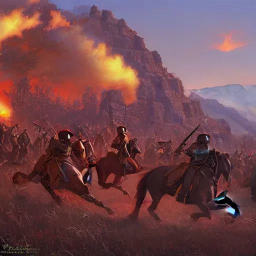 Image similar to the battle of the little bighorn. trending on artstation, by ted nasmith. 4 k, ( ( cyberpunk ) ), oil on canvas, artstation, dramatic warm color, dramatic lighting, masamune shirow, syd mead.