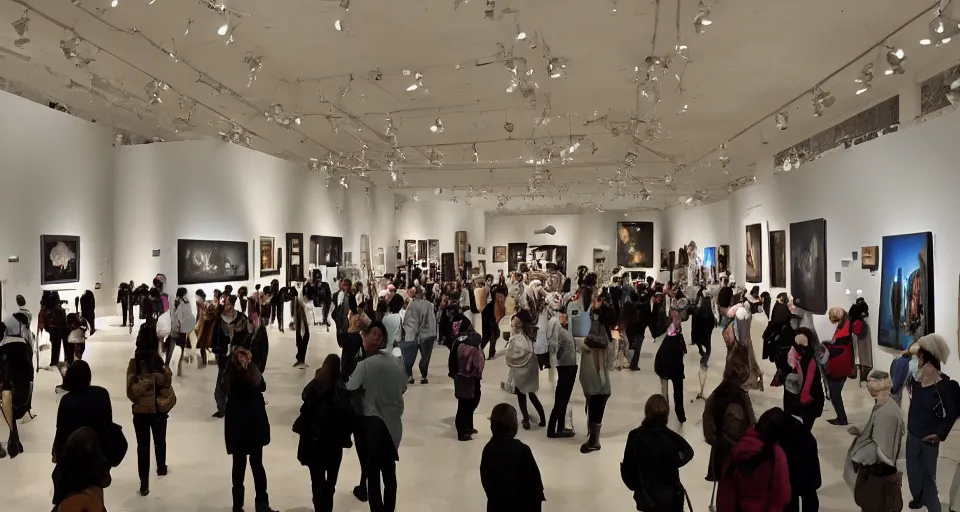 Image similar to museum gallery filled with people that appreciating AI generated image