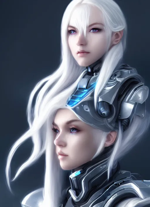 Image similar to detailed portrait of perfect white haired girl, android, warframe armor, beautiful, pretty face, blue cyborg eyes, innocent, scifi, 4 k, sun yunjoo, ultra realistic, aura of light, cinematic lighting, highly detailed, sharp focus, artstation, masterpiece, art by hyungjin yang