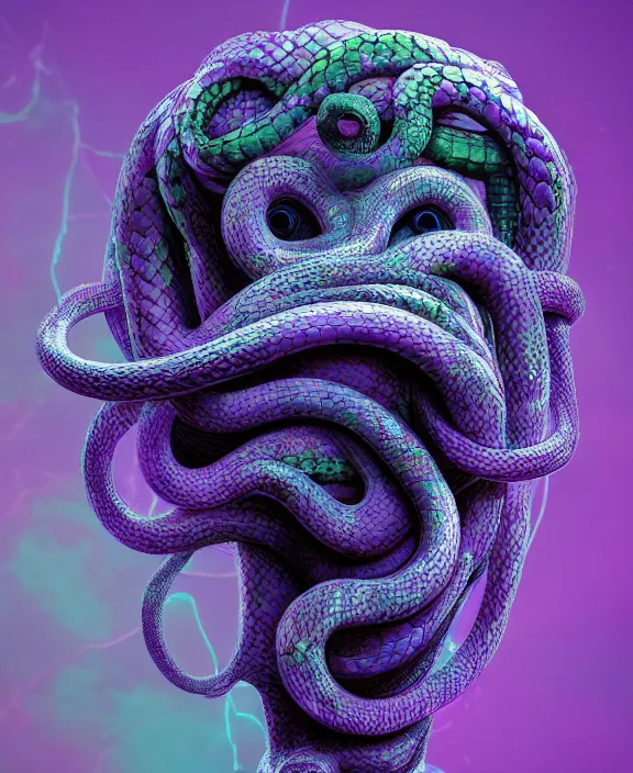 Image similar to beautiful medusa head highly detailed snakes, cosmic horror, abstract, ghostly, arcade, duotone, poltergeist, epic lighting, intricate, elegant, highly detailed, smooth, sharp focus, photo real, ultra realistic, unreal engine 5, raytracing, in the style of beeple and mike winkelmann, ultraviolet colors