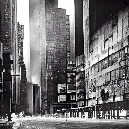 Prompt: 60s movie still of a cyberpunk city made of speakers by Irving Penn, Cinestill 800t 35mm black and white, heavy grainy picture, very detailed, high quality, 4k, HD criterion, dramatic lightning, precise texture, gettyimages