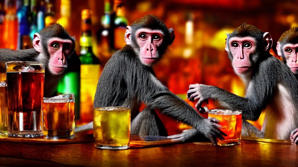 Prompt: monkeys drinking alcohol, inside a bar, vibrant colors, hyper-realistic, extreme detail, sharp photo, beautiful, cinematic, 4K